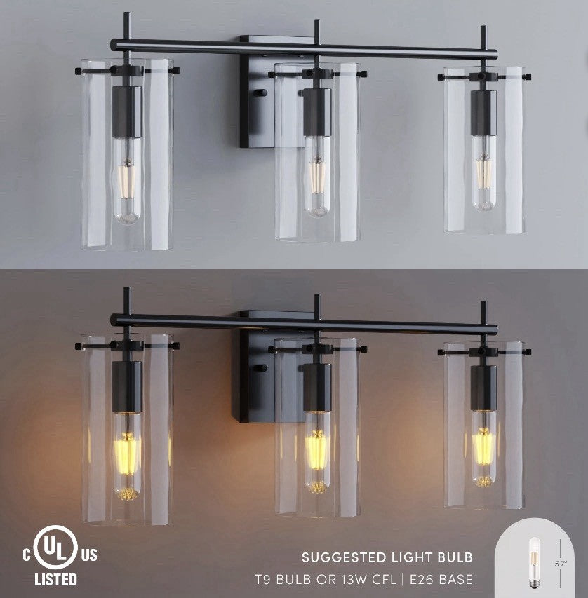 Nathan James Heidi Bathroom Lamp 3 Lights Black Metal Transparent Glass3