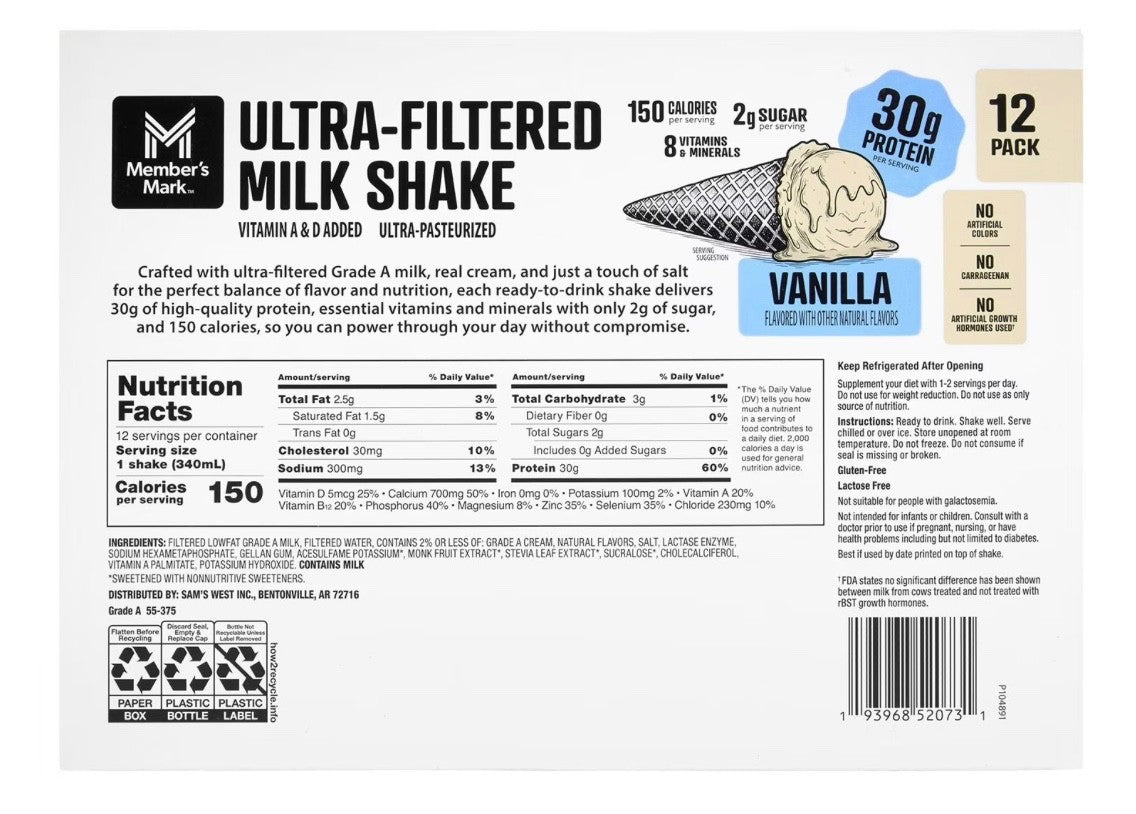 Member's Mark Ultra-Filtered Milk Shake,Vanilla, 11.5 fl. oz.,12 pk. 30g Protein1