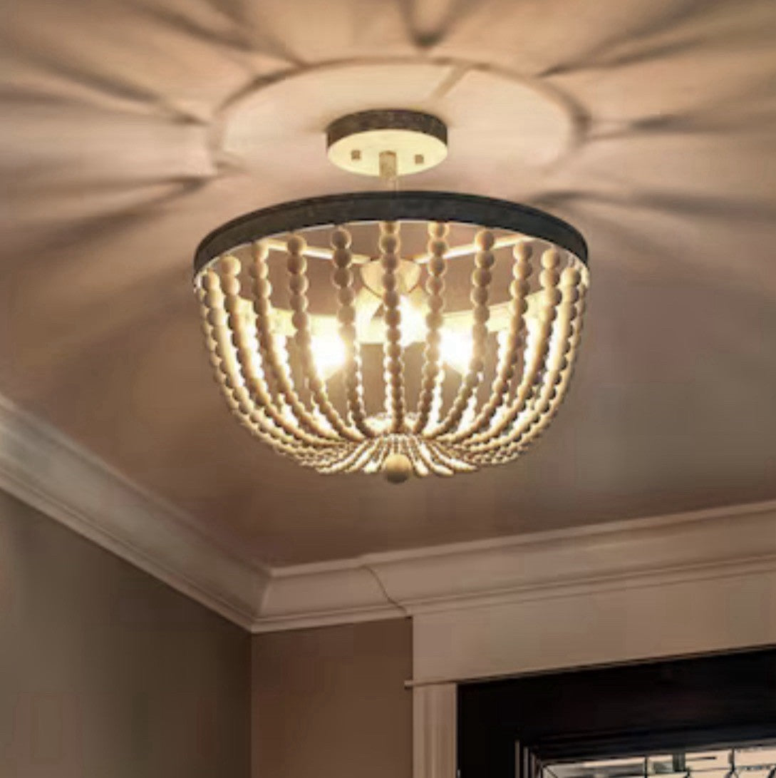 LNC Bohemian Wood Beaded 3-Light Semi Flush Mount Ceiling Light 16in White6