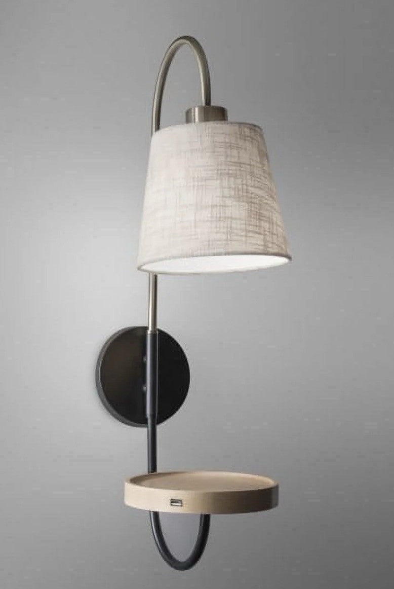 Adesso Jeffrey Modern Wall Lamp, Black/Brass with Wood and USB Port - NEW0