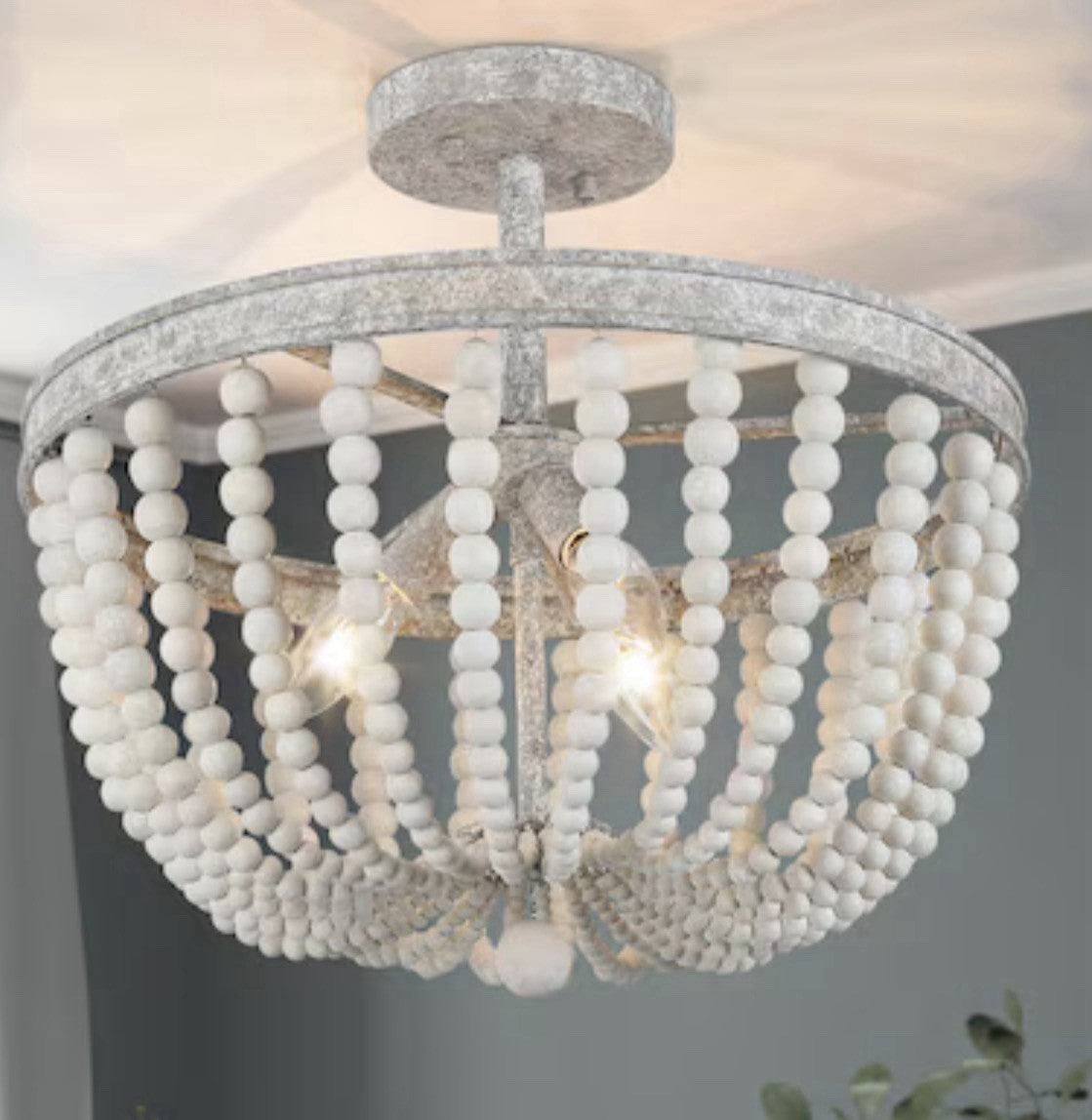 LNC Bohemian Wood Beaded 3-Light Semi Flush Mount Ceiling Light 16in White5