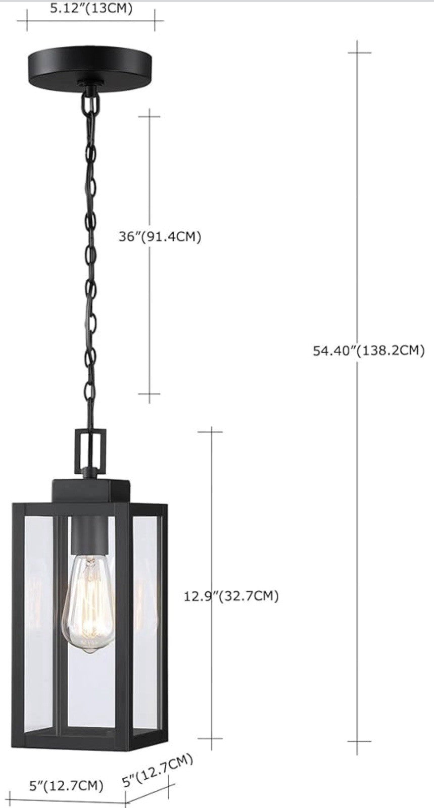 13” Outdoor Pendant Light Black Porch Hanging Lantern Glass E26 Exterior2