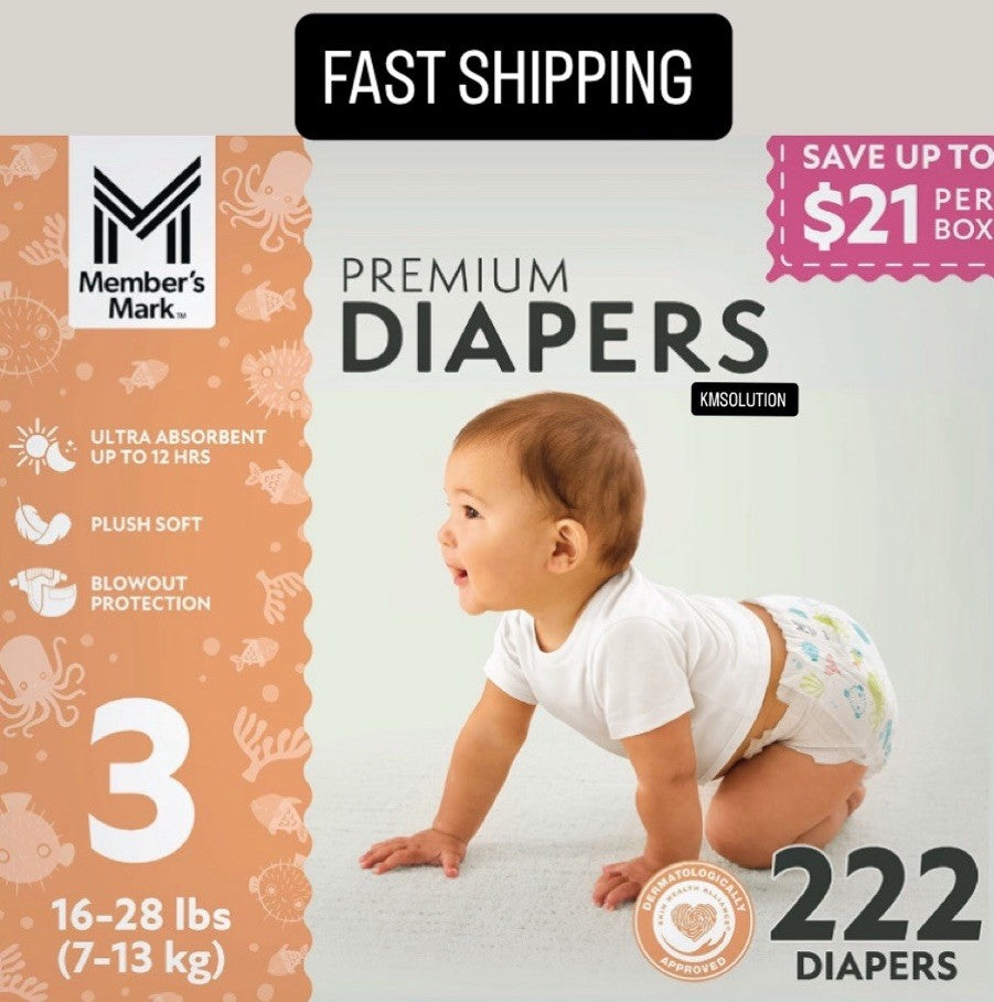Member’s Mark Premium Baby Diapers Size 3 (16-28 lbs) 222 Count- NEW0