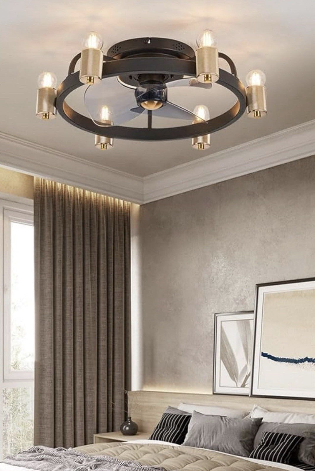 Vintage Black Gold Ceiling Fan Light Silent Low Profile Chandelier 20in2