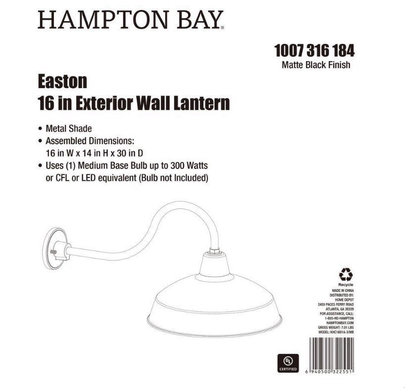 Hampton Bay Easton 14” Outdoor Wall Light Matte Black Barn Lantern Wall Sconce5