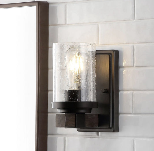 JONATHAN Y Farmhouse LED Vanity Wall Sconce Black Seeded Glass Light0