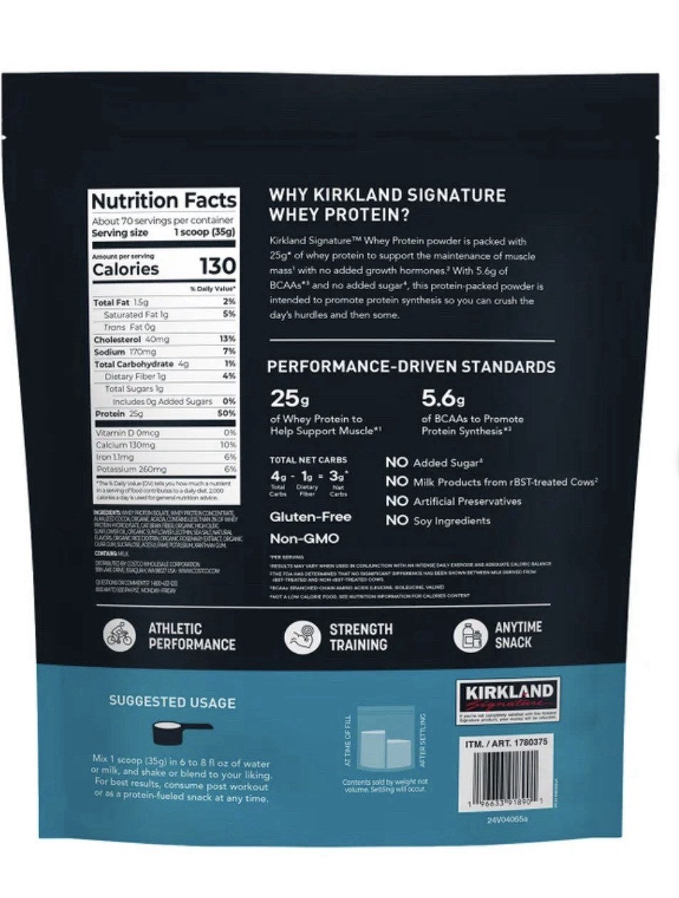 Kirkland Signature Whey Protein, Creamy Chocolate, 5.4lbs, 70 Servings 1g Sugar1