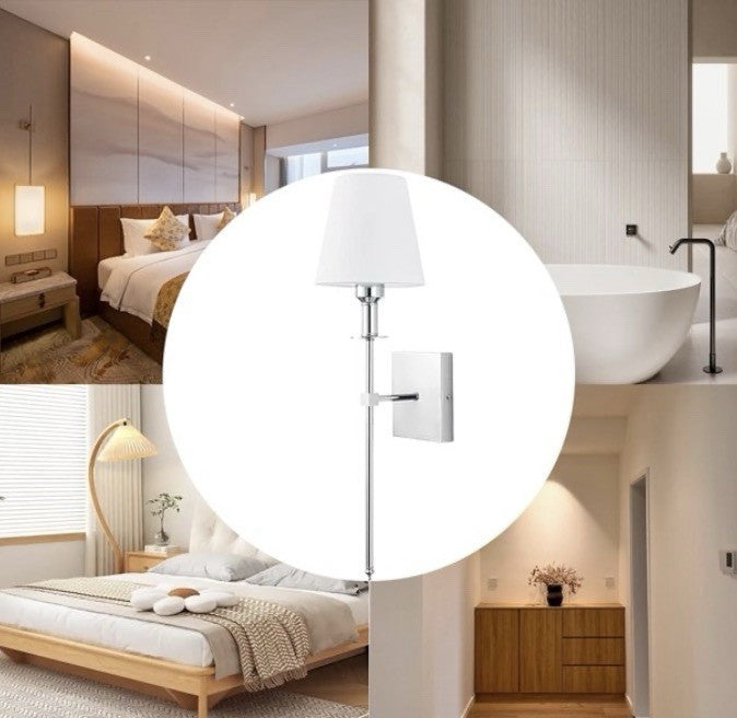 Set of 2 Modern Chrome Wall Lights White Fabric Shade Indoor Sconces - NEW2