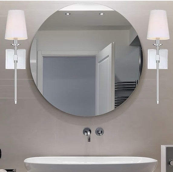 Set of 2 Modern Chrome Wall Lights White Fabric Shade Indoor Sconces - NEW4