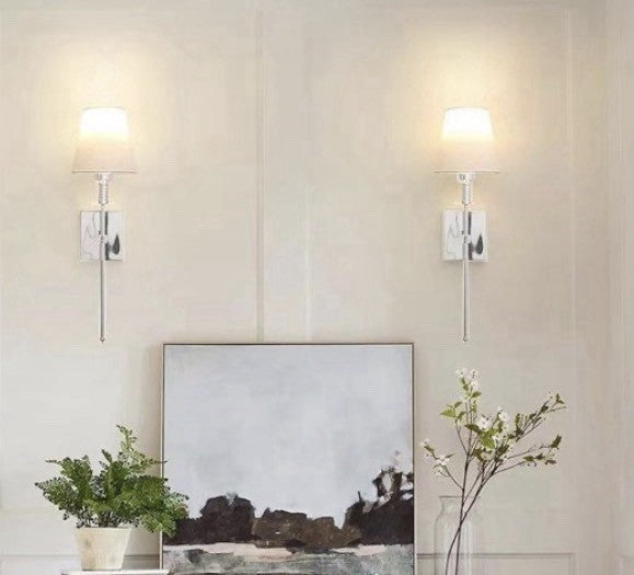 Set of 2 Modern Chrome Wall Lights White Fabric Shade Indoor Sconces - NEW1