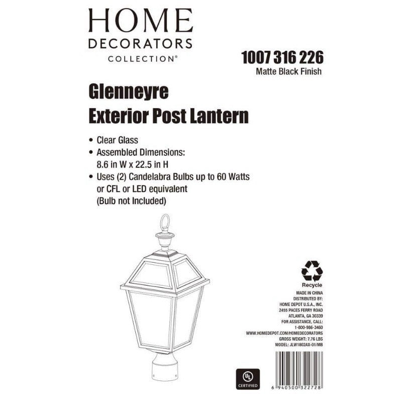 Home Decorators Glenmeyre Outdoor Post Lantern Matte Black Clear Glass3