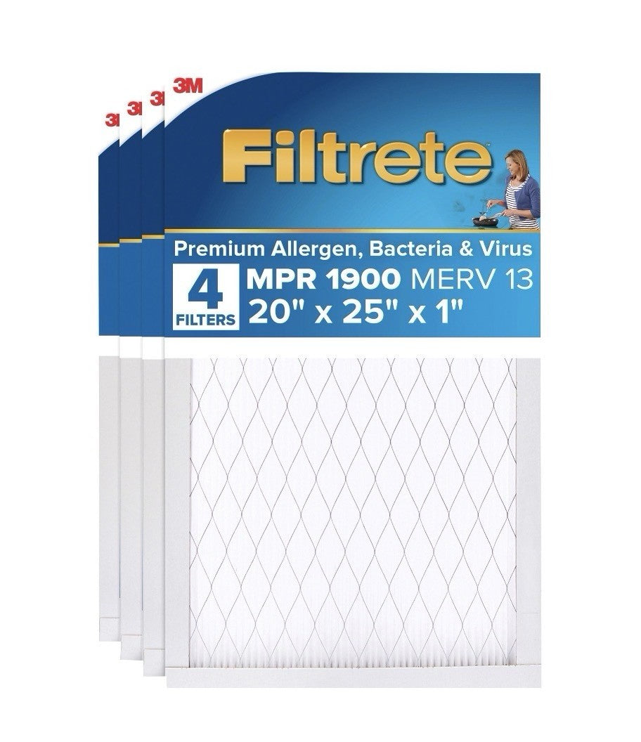 3M Filtrete 20x25x1 MERV 13 MPR 1900 Allergen Bacteria Virus Filter (4 Pack)0
