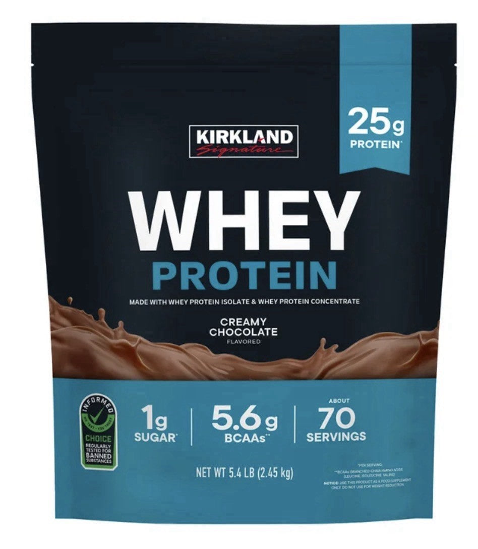 Kirkland Signature Whey Protein, Creamy Chocolate, 5.4lbs, 70 Servings 1g Sugar0