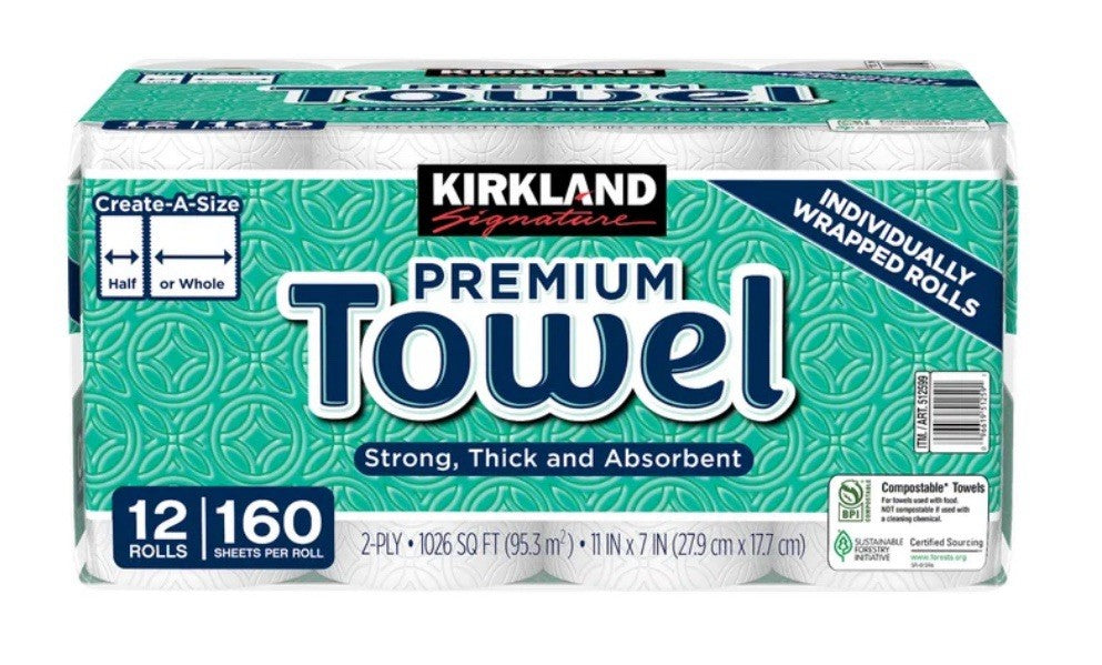 Kirkland Signature Paper Towels, 2-Ply, 160 Sheets, 12 Individually Wrapped Roll0