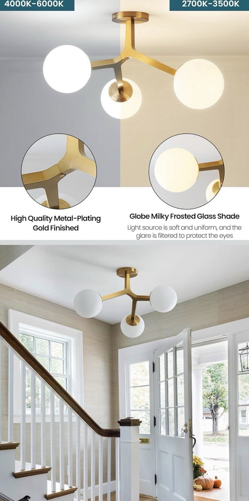 Sputnik Ceiling Light 3-Light Gold Semi Flush Glass Globe E124