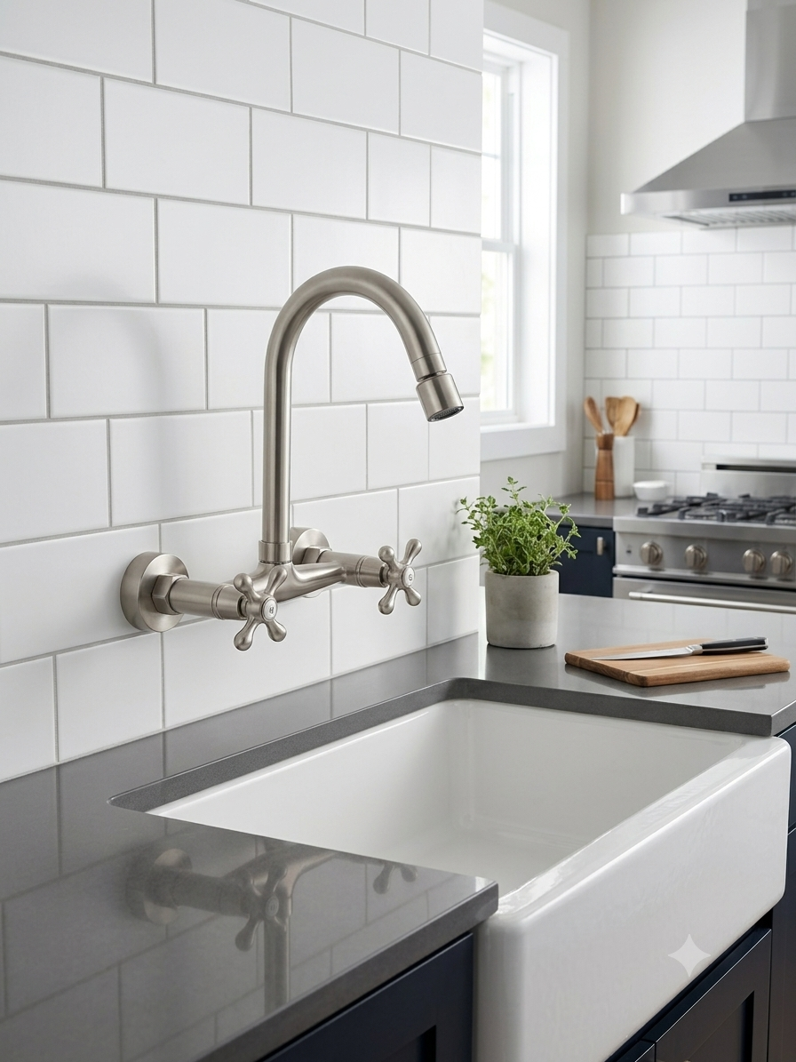 Wall Mount Kitchen Faucet with High-Arch Gooseneck Spout & Dual Cross Handles Brushed Nickel