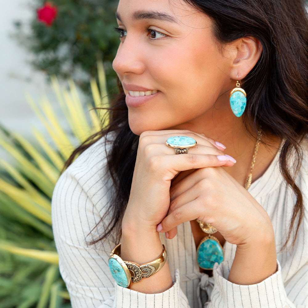 Barse Agave Genuine Turquoise & Bronze Statement Cuff Bracelet, Adjustable, Fits Most Wrists