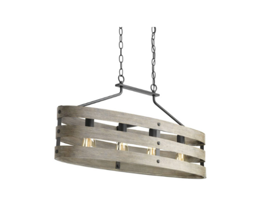 Progress Lighting Gulliver 4-Light Linear Chandelier Graphite & Wood Grain Farmhouse Kitchen Island Light