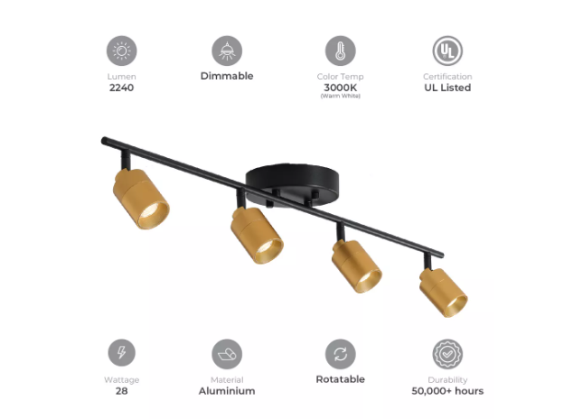 VidaLite Shura 4-Head LED Track Light Black & Brass Adjustable Integrated LED Ceiling Light