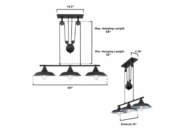 Westinghouse Iron Hill 40" Linear Chandelier 3-Light Industrial Pendant E26 Metal Shades