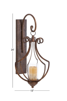 Bronze Metal Single Candle Wall Sconce Rustic Iron Wall Decor with Glass Hurricane Holder 25"