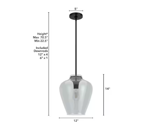 Hunter Vidria 1-Light Pendant Light Matte Black with Smoked Glass Shade E26 Dimmable