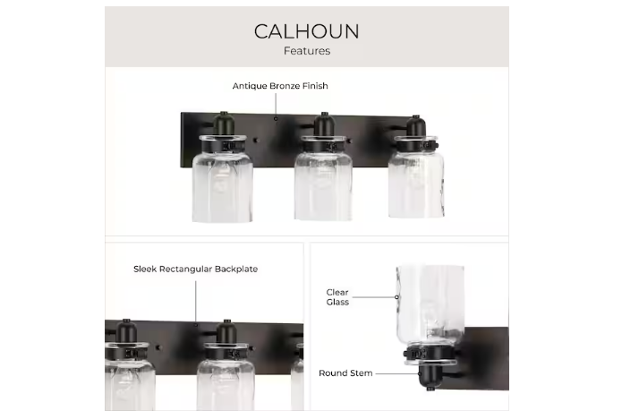 Progress Lighting Calhoun 3-Light Bathroom Vanity Light Antique Bronze with Clear Glass Shades Farmhouse Industrial E26