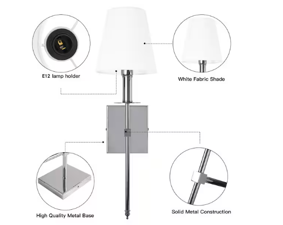 1-Light Wall Sconce Polished Chrome with White Fabric Shade E12 Modern Wall Lighting 2-Pack