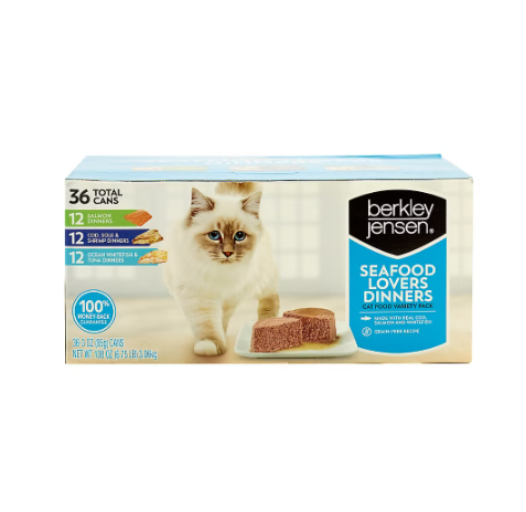 Berkley Jensen Seafood Lovers Dinners Variety Pack 36 Grain-Free Wet Cat Food Cans with Cod, Salmon & Whitefish