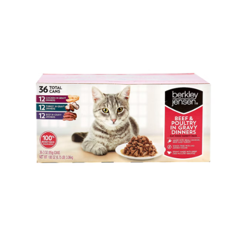 Berkley Jensen Beef & Poultry in Gravy Dinners Variety Pack 36 Grain-Free Wet Cat Food Cans with Chicken, Turkey & Beef