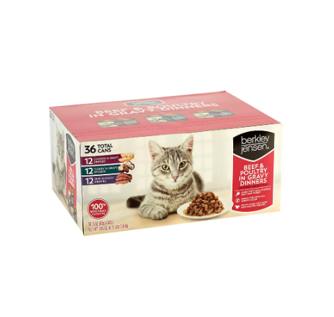 Berkley Jensen Beef & Poultry in Gravy Dinners Variety Pack 36 Grain-Free Wet Cat Food Cans with Chicken, Turkey & Beef