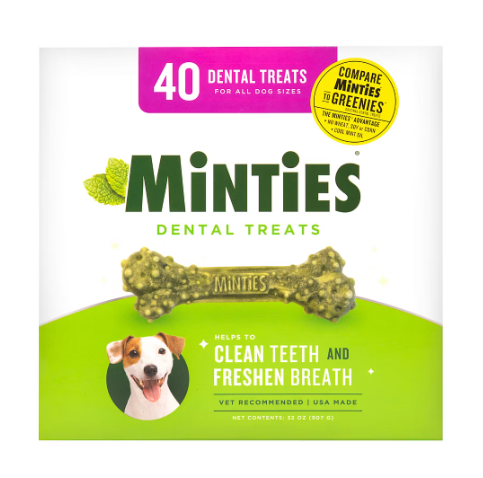 Minties Dental Dog Treats 40 Count for Medium & Large Dogs (40+ lbs) Fresh Breath & Plaque Control