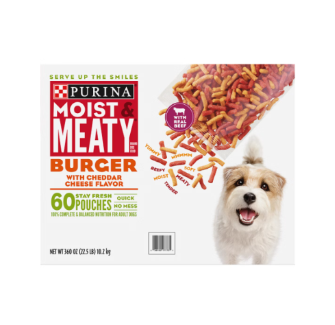 Purina Moist & Meaty Burger with Cheddar Cheese Flavor Dog Food 60 Individual Pouches, 6 oz Soft Semi-Moist Dog Food