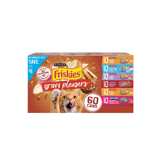 Purina Friskies Gravy Pleasers Wet Cat Food Variety Pack 60 Cans, 5.5 oz Meaty Bits, Prime Filets & Fully Loaded Recipes