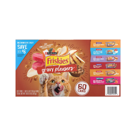 Purina Friskies Gravy Pleasers Wet Cat Food Variety Pack 60 Cans, 5.5 oz Meaty Bits, Prime Filets & Fully Loaded Recipes