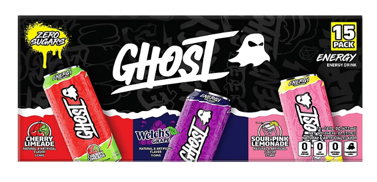 GHOST Energy Zero Sugar Variety Pack Sour Pink Lemonade Cherry Limeade & Welch’s Grape, 16 fl oz, 15 Pack
