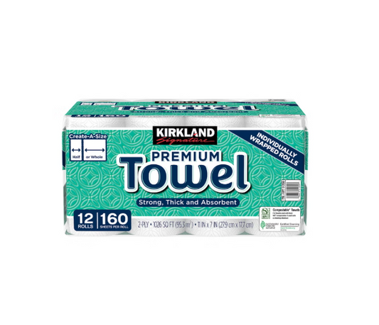 Kirkland Signature Paper Towels, 2-Ply, 160 Sheets per Roll, 12 Individually Wrapped Rolls