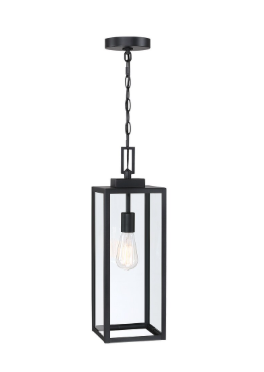 13” Outdoor Pendant Light, Black Hanging Lantern with Clear Glass, E26