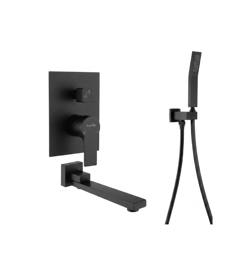 Shamanda Matte Black Wall Mount Tub Filler Faucet - 180° Swivel Spout & Handheld Shower System with cUPC Valve