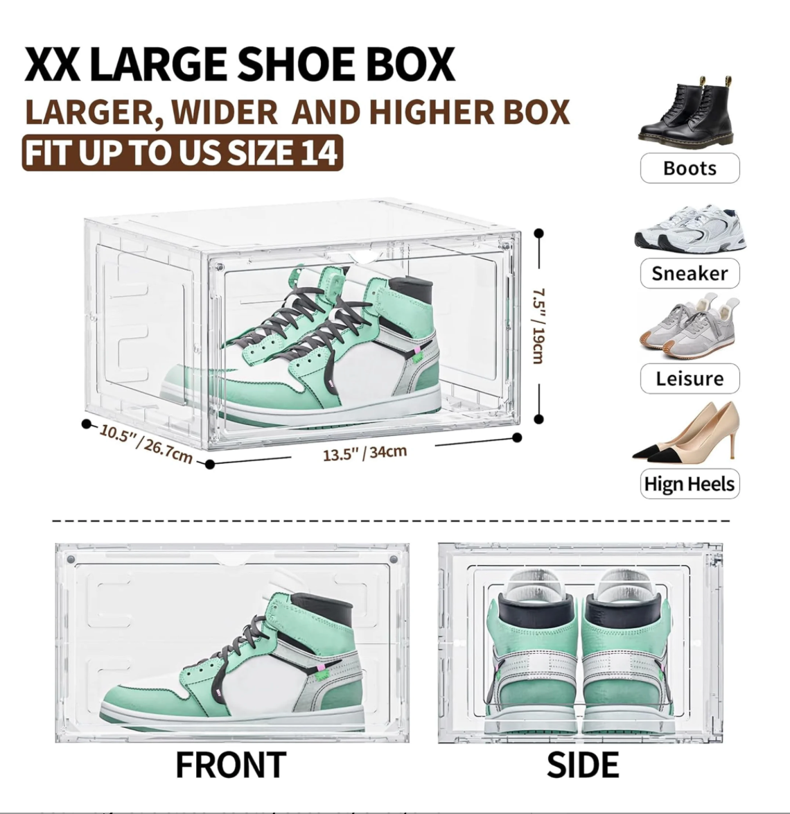 6 Pack XX Large Shoe Organizer - Heavy-Duty Clear Plastic Storage Boxes for Closets, Shoes, Accessories, and More