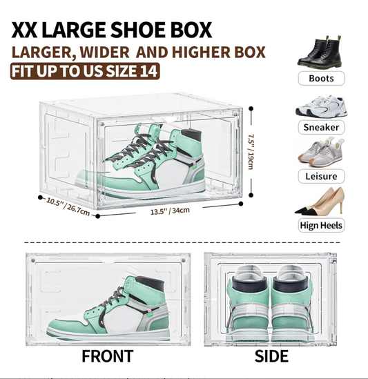 6 Pack XX Large Shoe Organizer - Heavy-Duty Clear Plastic Storage Boxes for Closets, Shoes, Accessories, and More
