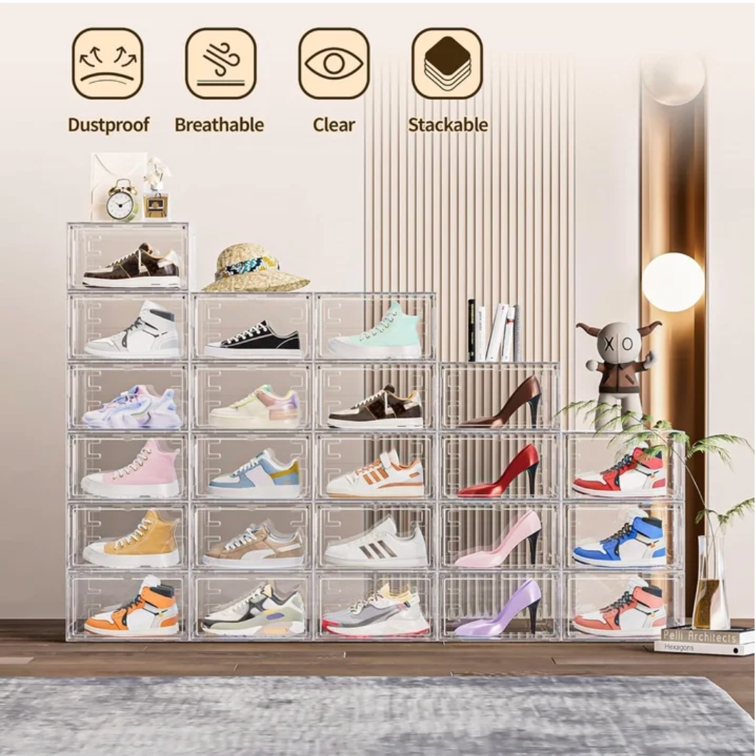 6 Pack XX Large Shoe Organizer - Heavy-Duty Clear Plastic Storage Boxes for Closets, Shoes, Accessories, and More
