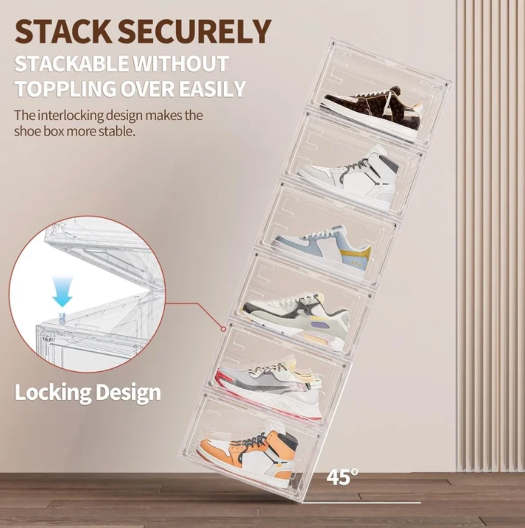 6 Pack XX Large Shoe Organizer - Heavy-Duty Clear Plastic Storage Boxes for Closets, Shoes, Accessories, and More