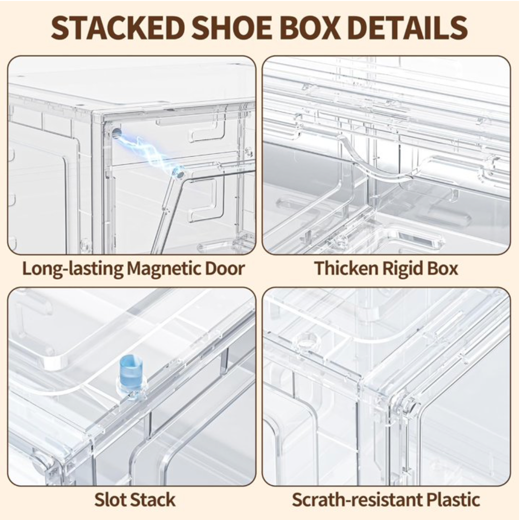 6 Pack XX Large Shoe Organizer - Heavy-Duty Clear Plastic Storage Boxes for Closets, Shoes, Accessories, and More