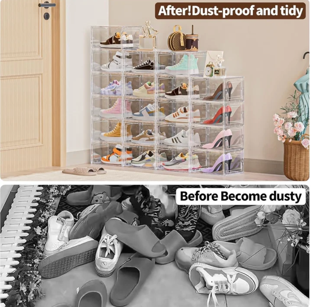 6 Pack XX Large Shoe Organizer - Heavy-Duty Clear Plastic Storage Boxes for Closets, Shoes, Accessories, and More