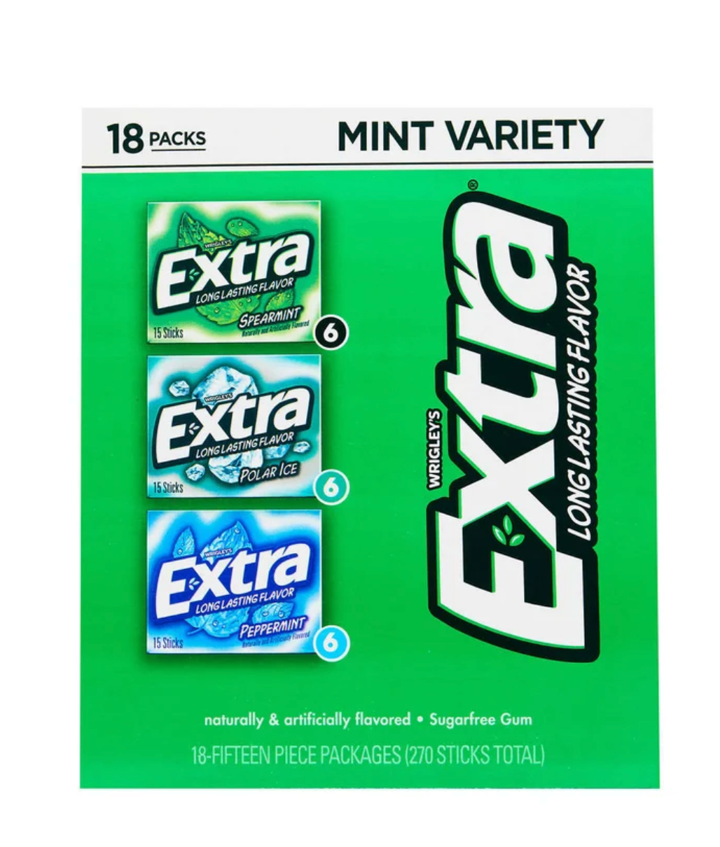 Extra Sugar Free Chewing Gum, Mint Variety Pack, 15 Sticks, 18-Count