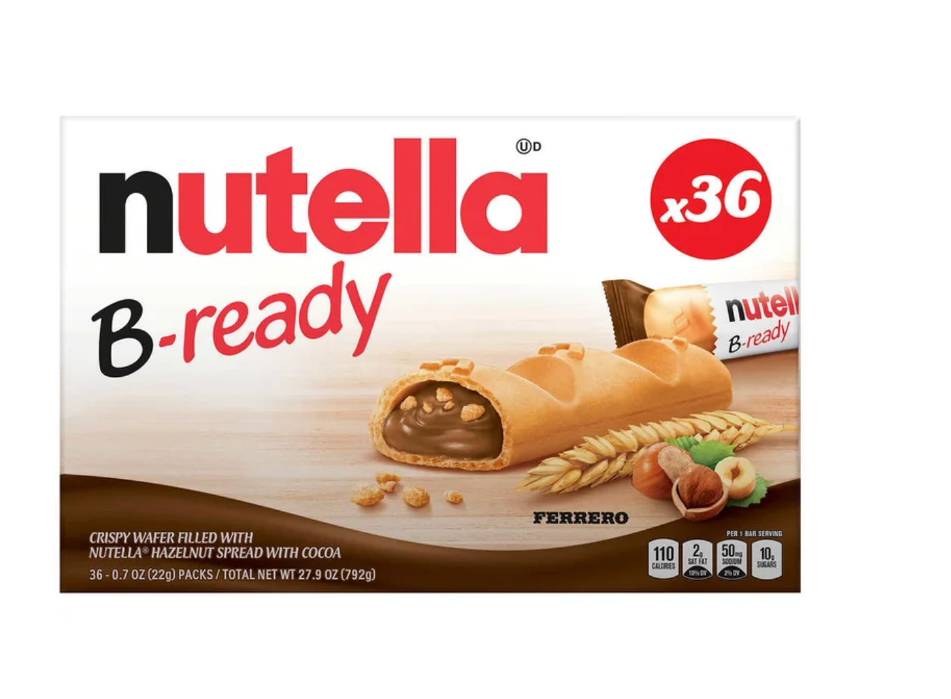 Nutella B-Ready Crispy Wafer Bars Filled w/ Hazelnut Spread 36-Count 0.7oz
