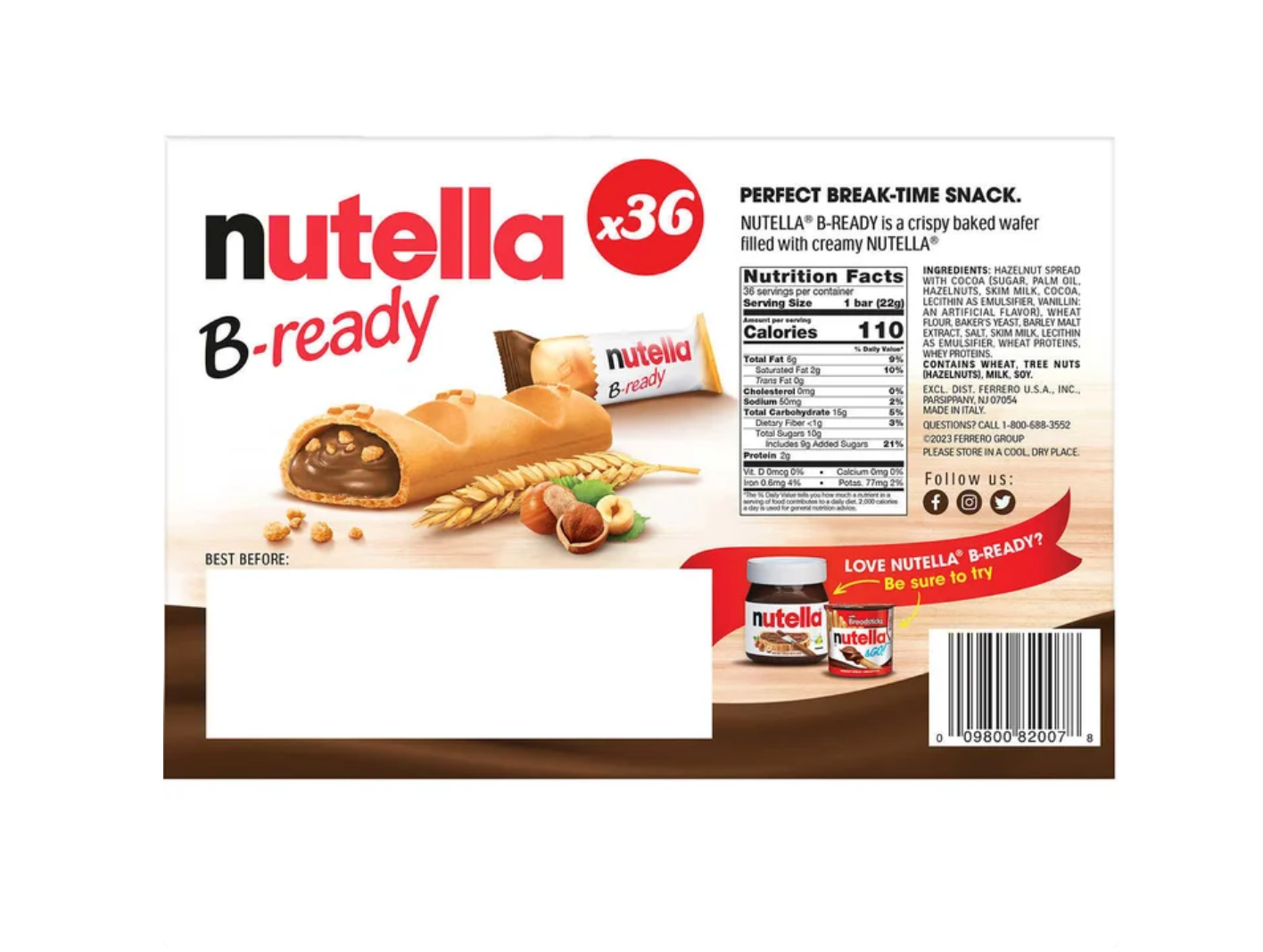 Nutella B-Ready Crispy Wafer Bars Filled w/ Hazelnut Spread 36-Count 0.7oz