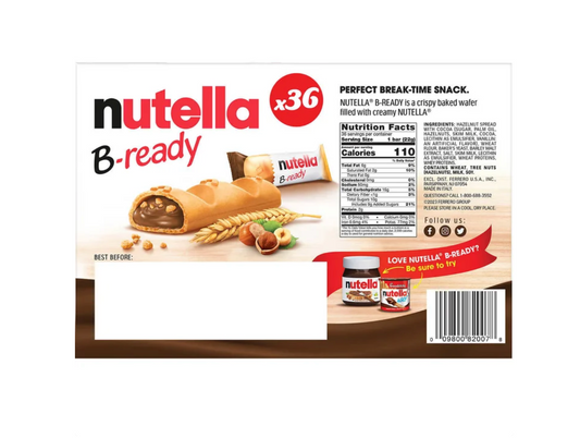 Nutella B-Ready Crispy Wafer Bars Filled w/ Hazelnut Spread 36-Count 0.7oz