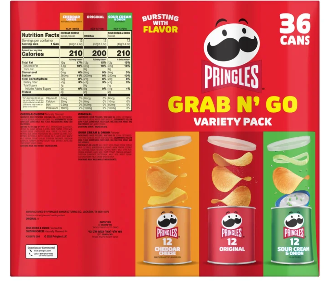 Pringles Grab & Go Potato Crisps, Variety, 36-count